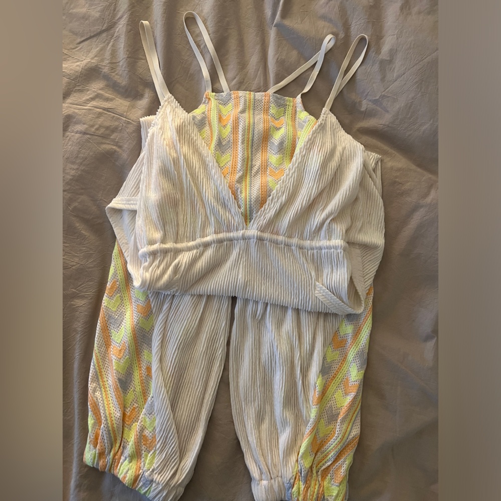Free People Cream Romper with Yellow & Orange Chevron Accents